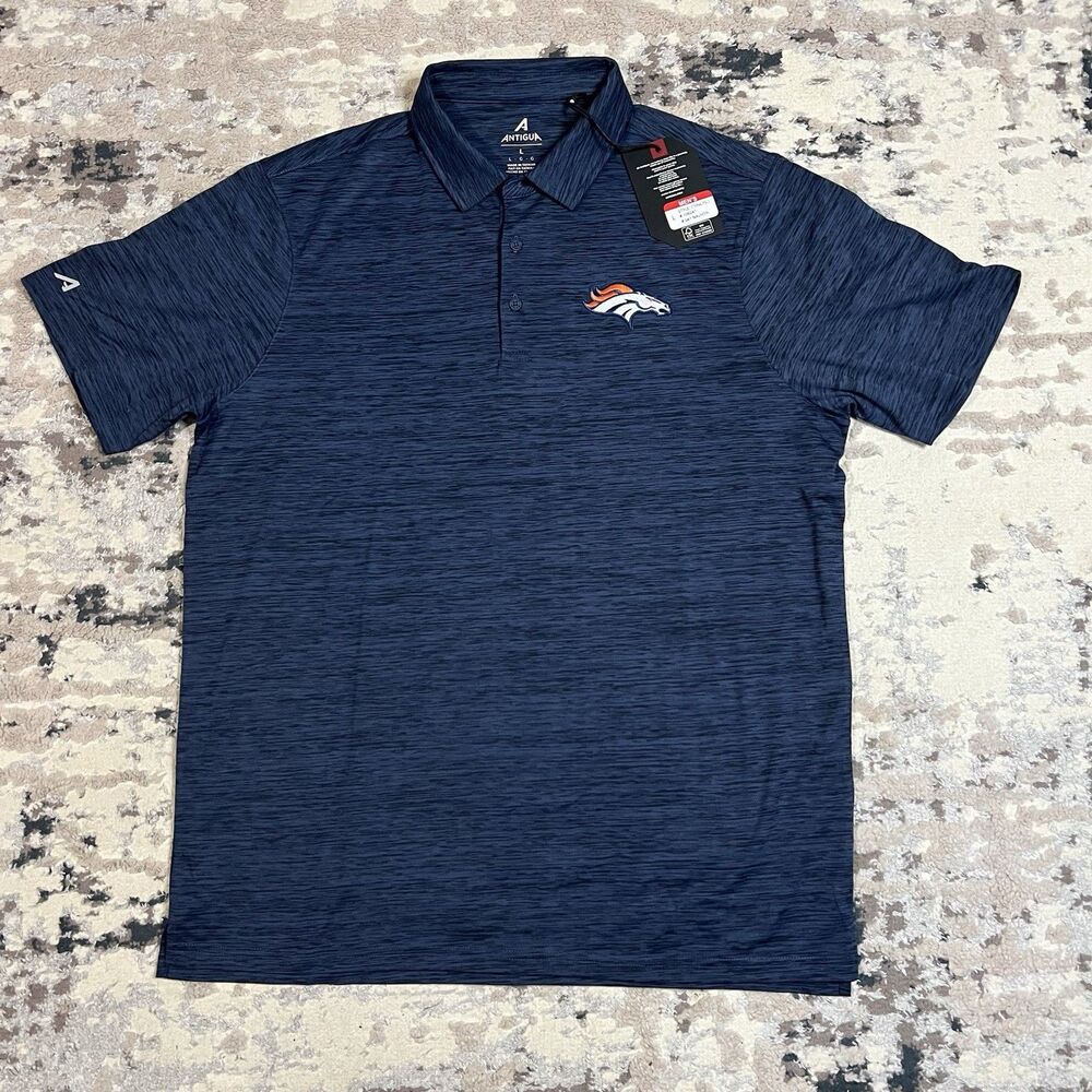 New Men Size L Denver Broncos Eternal Polo Shirt Antigua NFL AOP Navy Blue